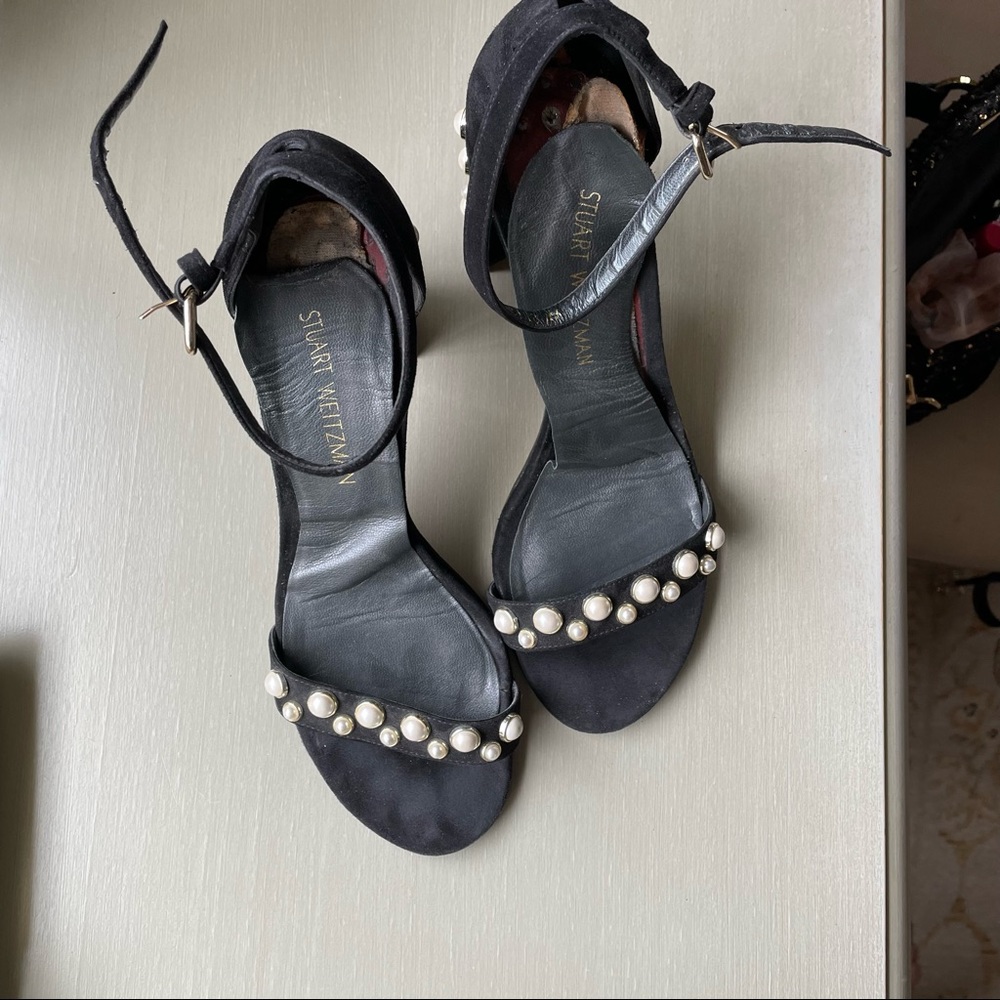 Stuart Weitzman Black Suade Block Heel W/ Pearl W… - image 8